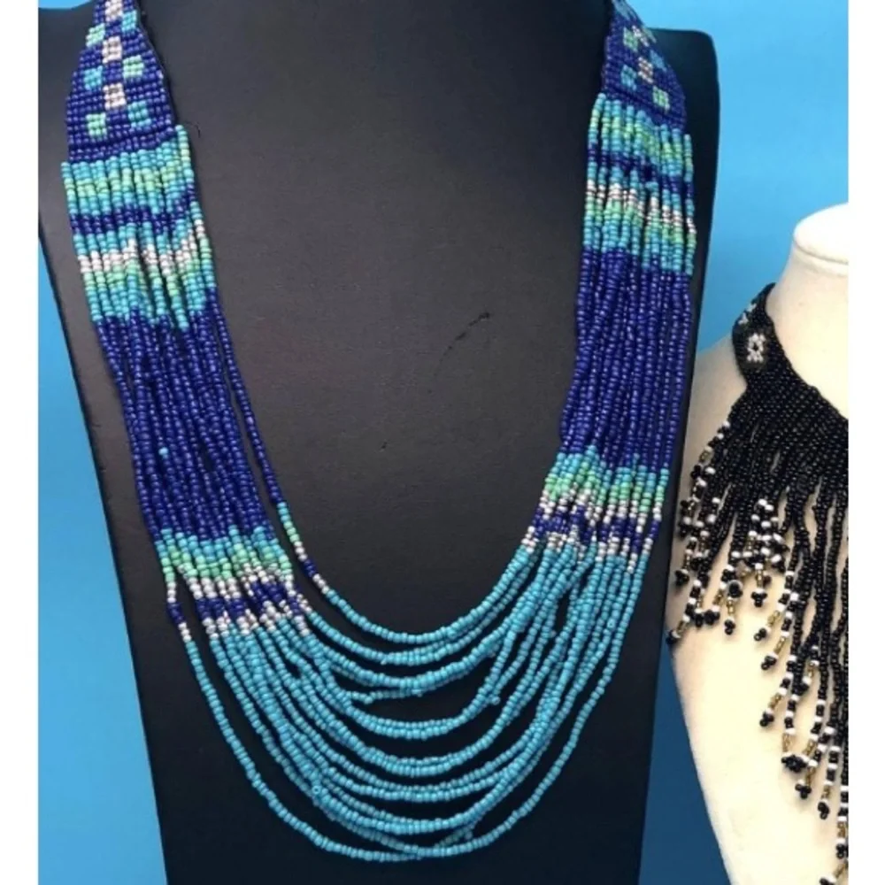 Artisan Handmade Native American Blue and Green Beaded Necklace - Picture 2 of 2